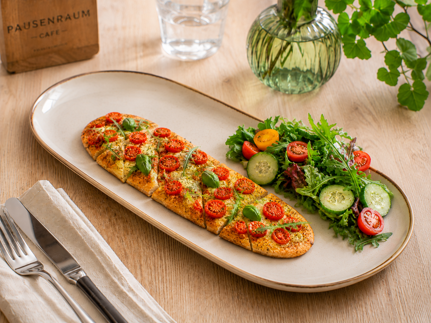 Pinsa Margherita mit Salat im Pausenraum Café