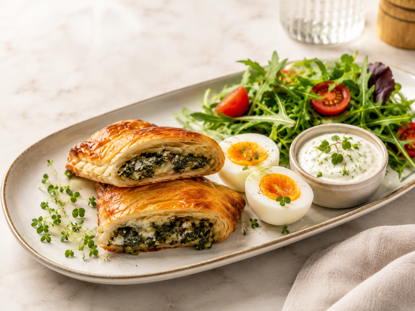 Käse-Spinat-Twister mit Salat und Ei
